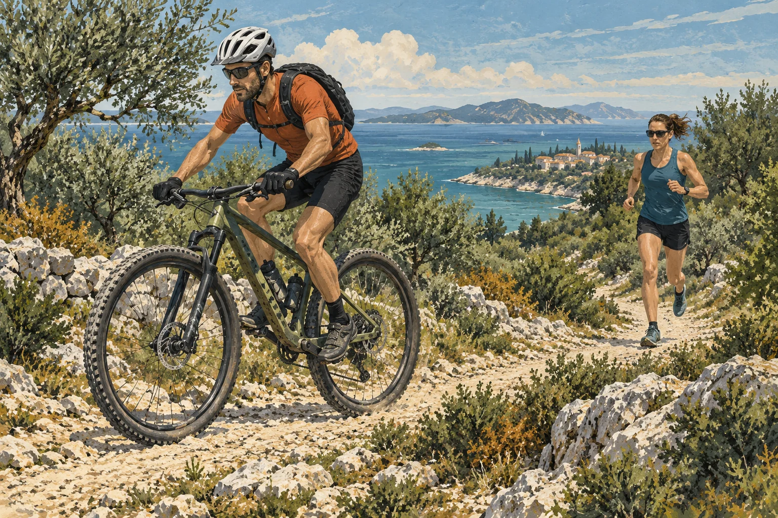 Biciklist i trkač na off-road stazi uz obalu.